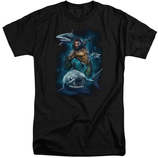 Aquaman Movie Swimming With Sharks Mens Tall T Shirt Black Officially Licensed