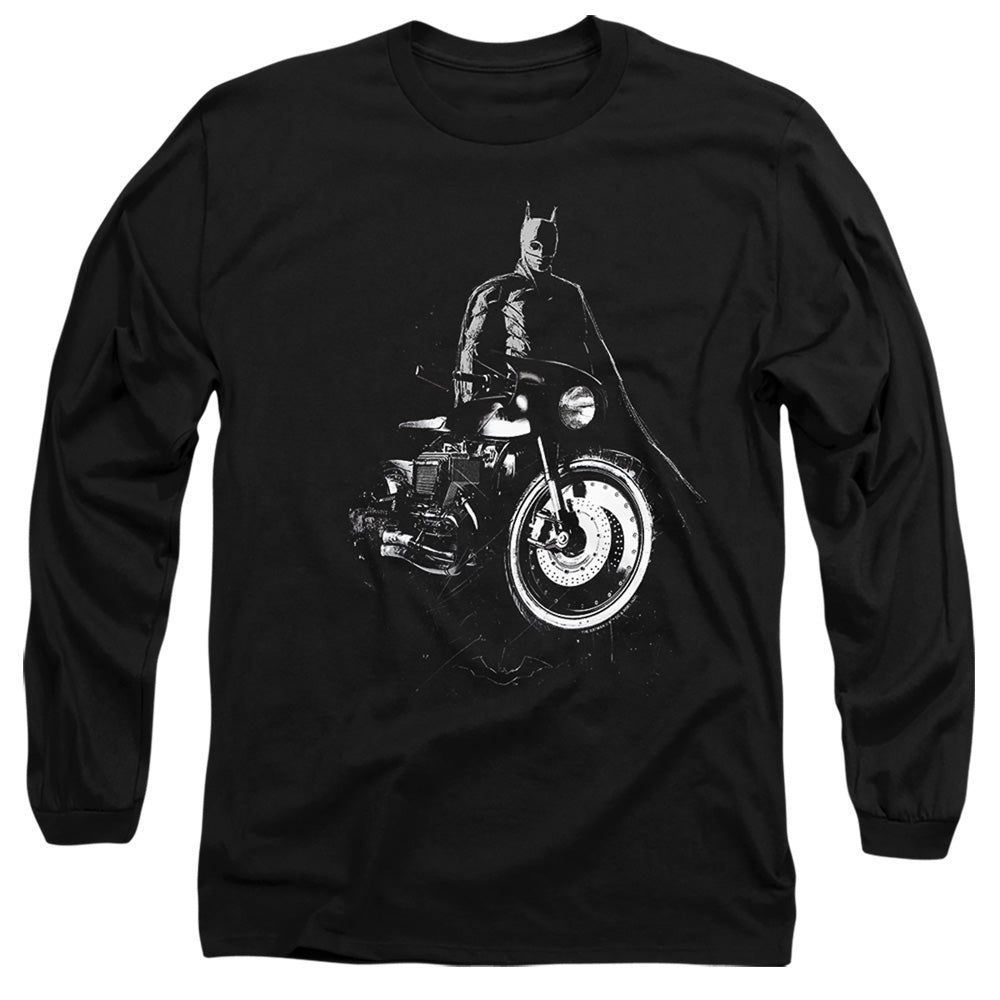 The Batman And His Motorcycle Mens Long Sleeve Shirt Black Officially Licensed