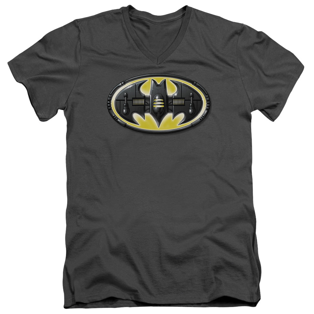 Batman Bat Mech Logo Mens Slim Fit V Neck T Shirt Charcoal Officially Licensed
