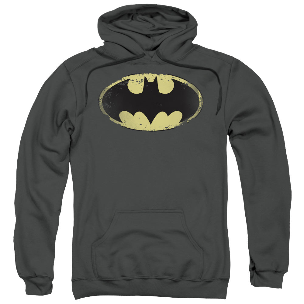 Batman Distressed Shield Mens Hoodie Charcoal Officially Licensed