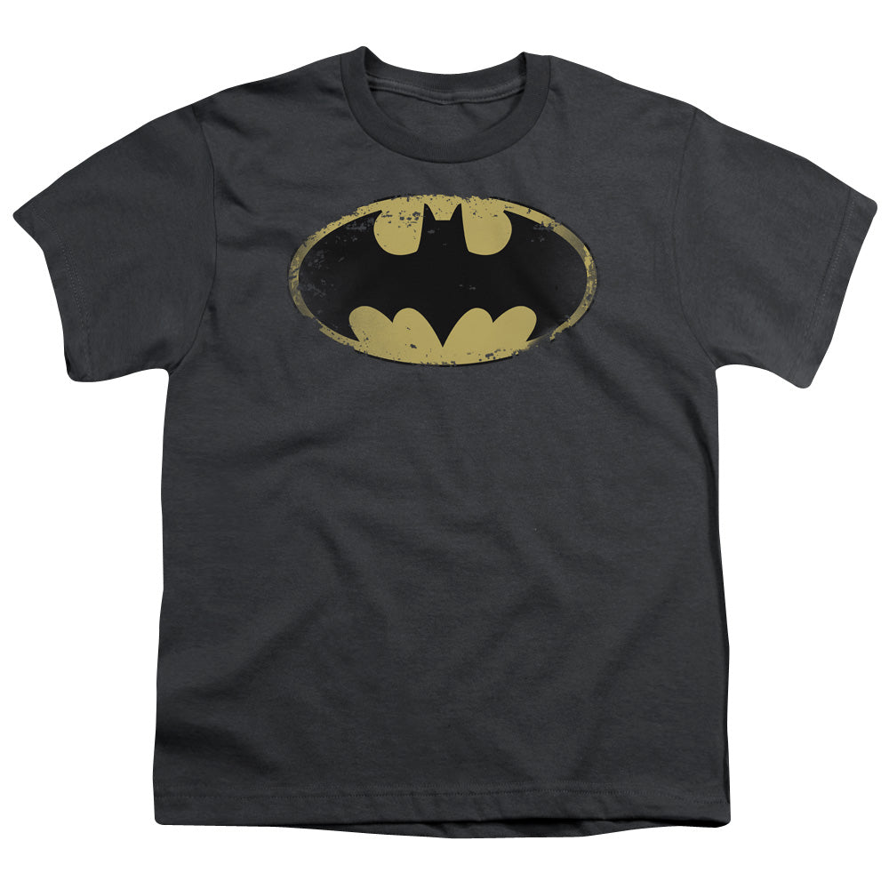 Batman Distressed Shield Kids Youth T Shirt Charcoal Officially Licensed