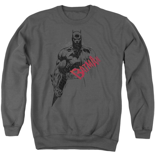 Batman Sketch Bat Red Logo Mens Crewneck Sweatshirt Charcoal