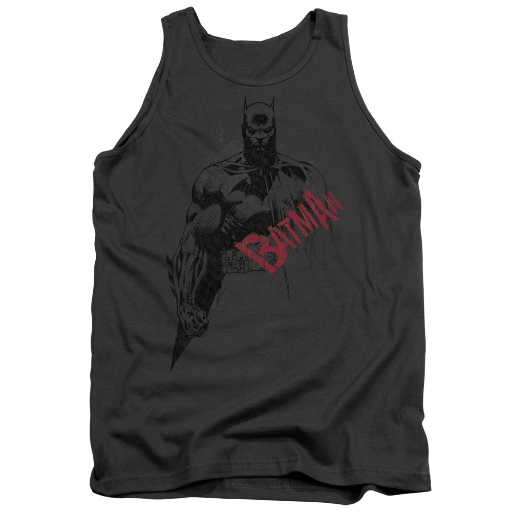 Batman Sketch Bat Red Logo Mens Tank Top Shirt Charcoal Officially Licensed