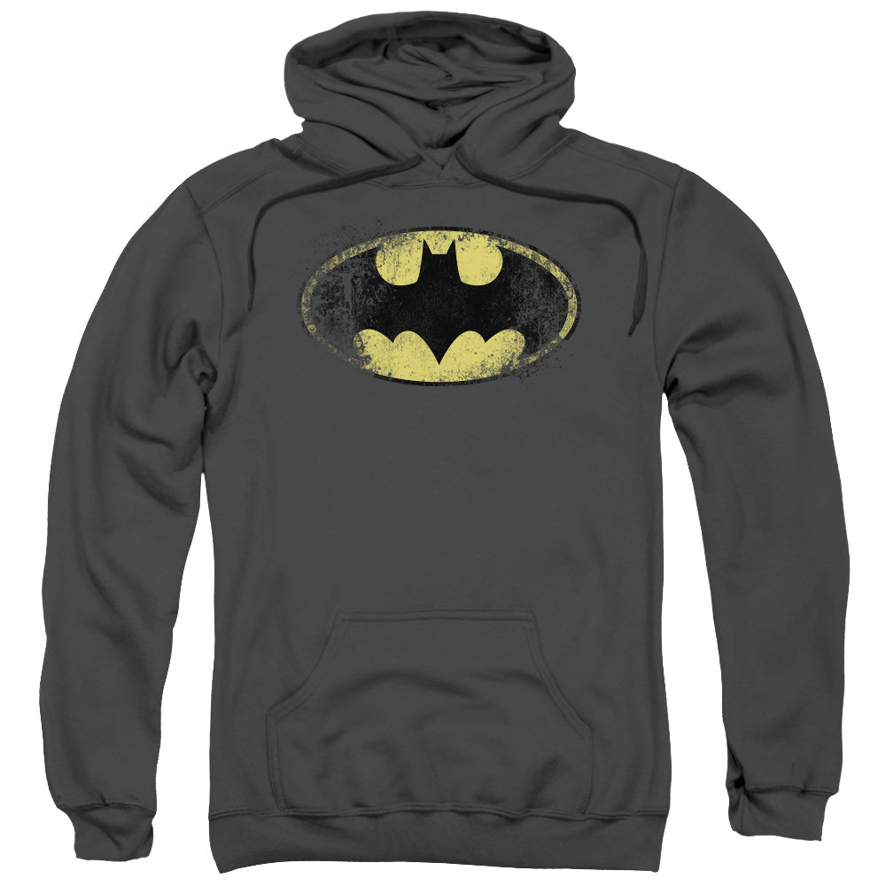 Batman Destroyed Logo Mens Hoodie Charcoal Officially Licensed