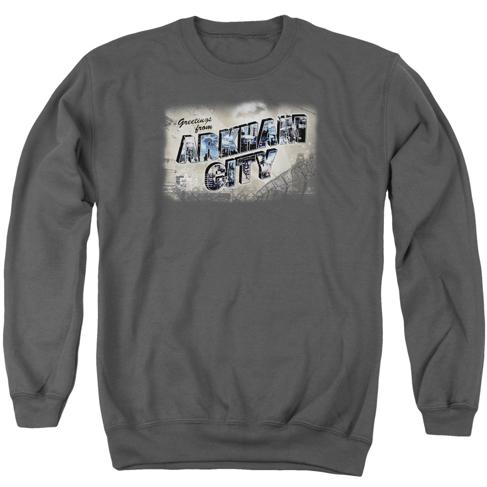 Arkham City Greetings From Arkham Mens Crewneck Sweatshirt Charcoal