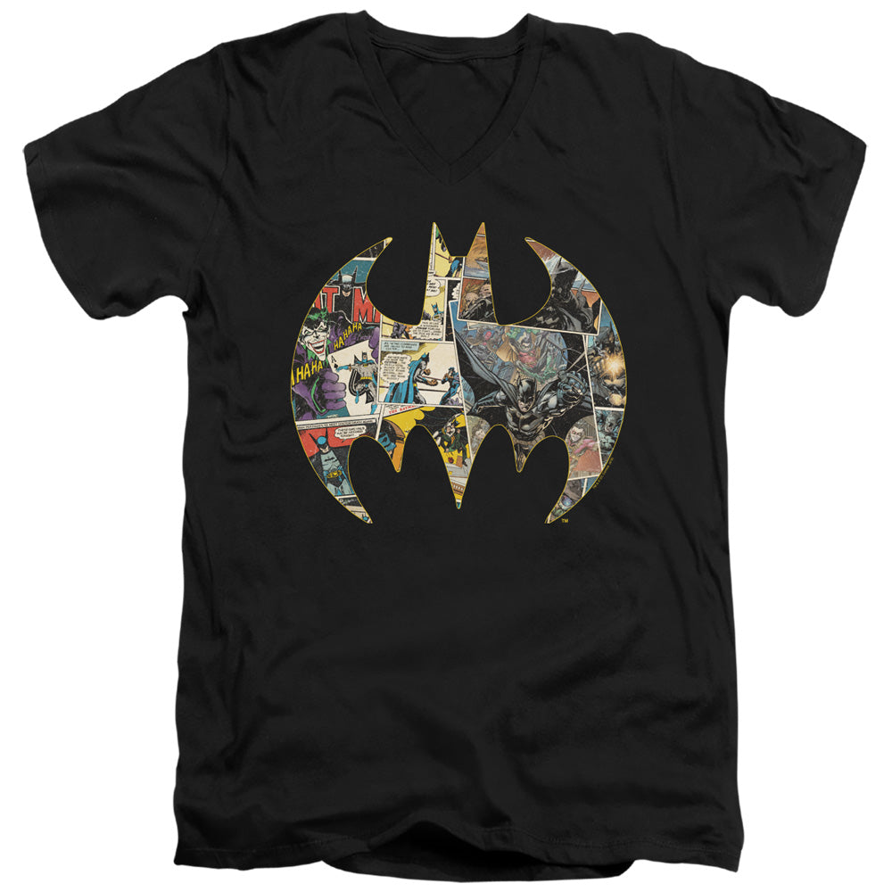 Batman Collage Shield Mens Slim Fit V Neck T Shirt Black Officially Licensed