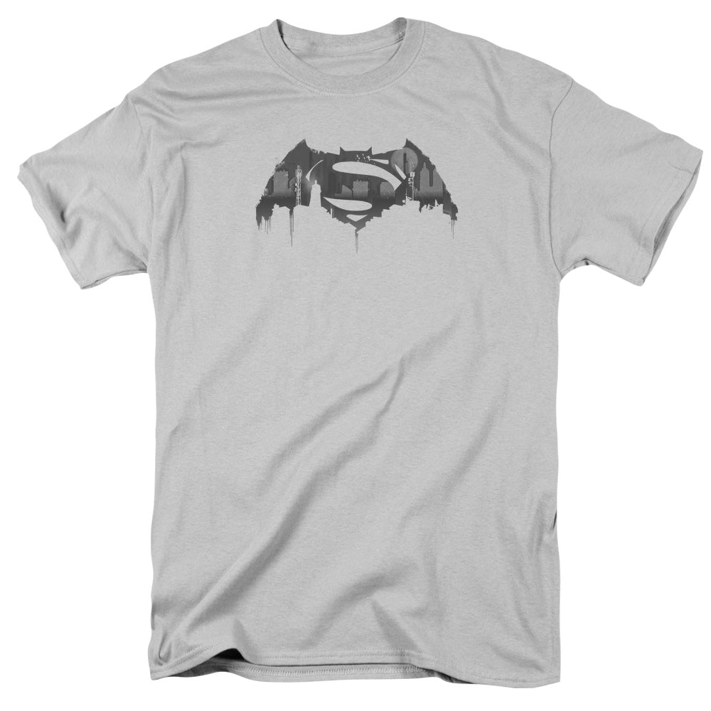 Batman V Superman Cityscape Logo Mens T Shirt Silver Officially Licensed
