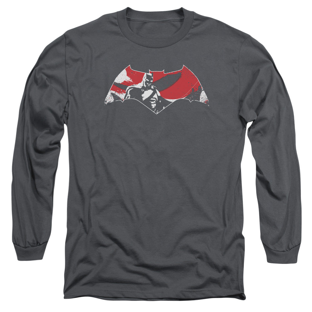 Batman V Superman Armor Splatter Logo Mens Long Sleeve Shirt Charcoal Officially Licensed