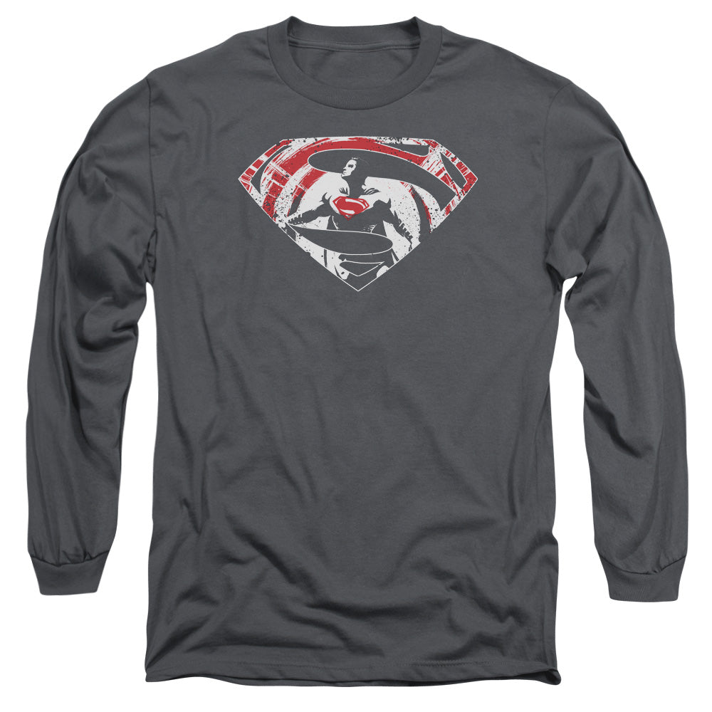 Batman V Superman Super Splatter Logo Mens Long Sleeve Shirt Charcoal Officially Licensed