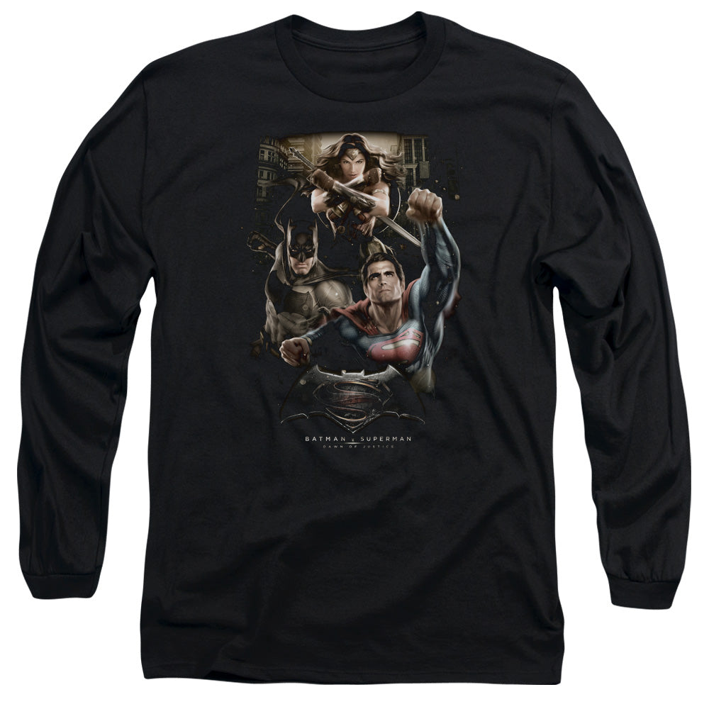 Batman V Superman Three In Action Mens Long Sleeve Shirt Black Officially Licensed