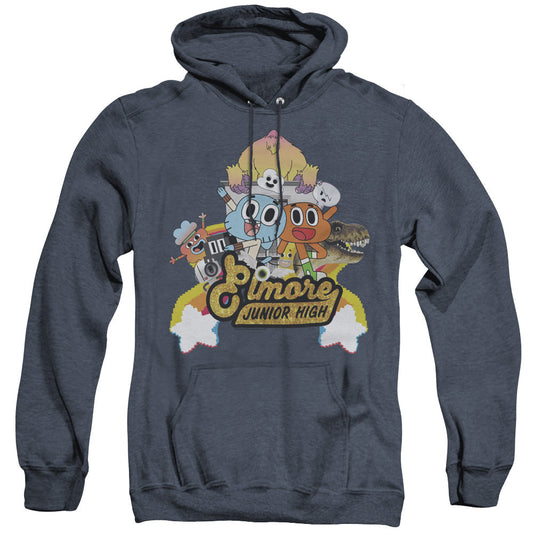 Amazing World Of Gumball Elmore Junior High Mens Heather Hoodie Navy Officially Licensed