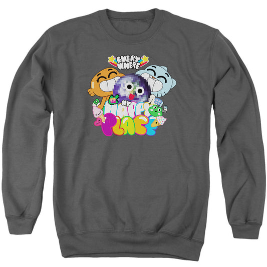 Amazing World of Gumball Happy Place Mens Crewneck Sweatshirt Charcoal Officially Licensed