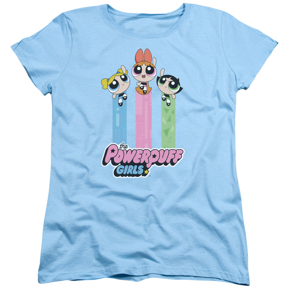 Powerpuff Girls the Girls Fly Womens T Shirt Light Blue Officially Licensed
