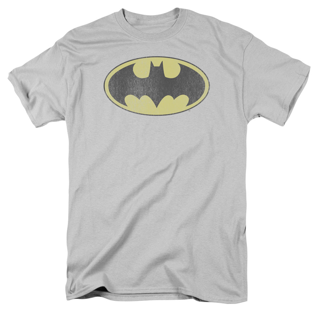 DC Comics Retro Bat Logo Distressed Mens T Shirt Silver Officially Licensed