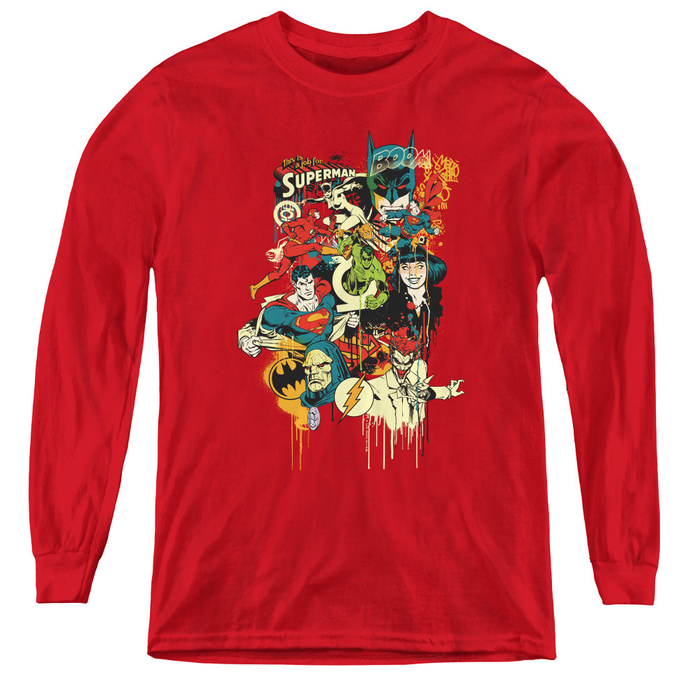 DC Comics Dripping Characters Long Sleeve Kids Youth T Shirt Red Officially Licensed