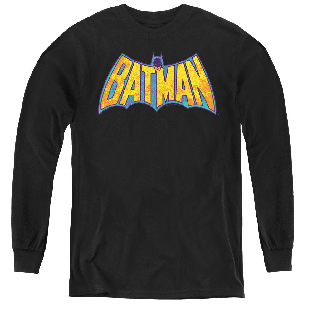 DC Comics Batman Neon Distress Logo Long Sleeve Kids Youth T Shirt Black Officially Licensed