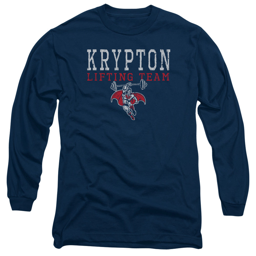 DC Comics Krpton Lifting Mens Long Sleeve Shirt Navy Blue Officially Licensed