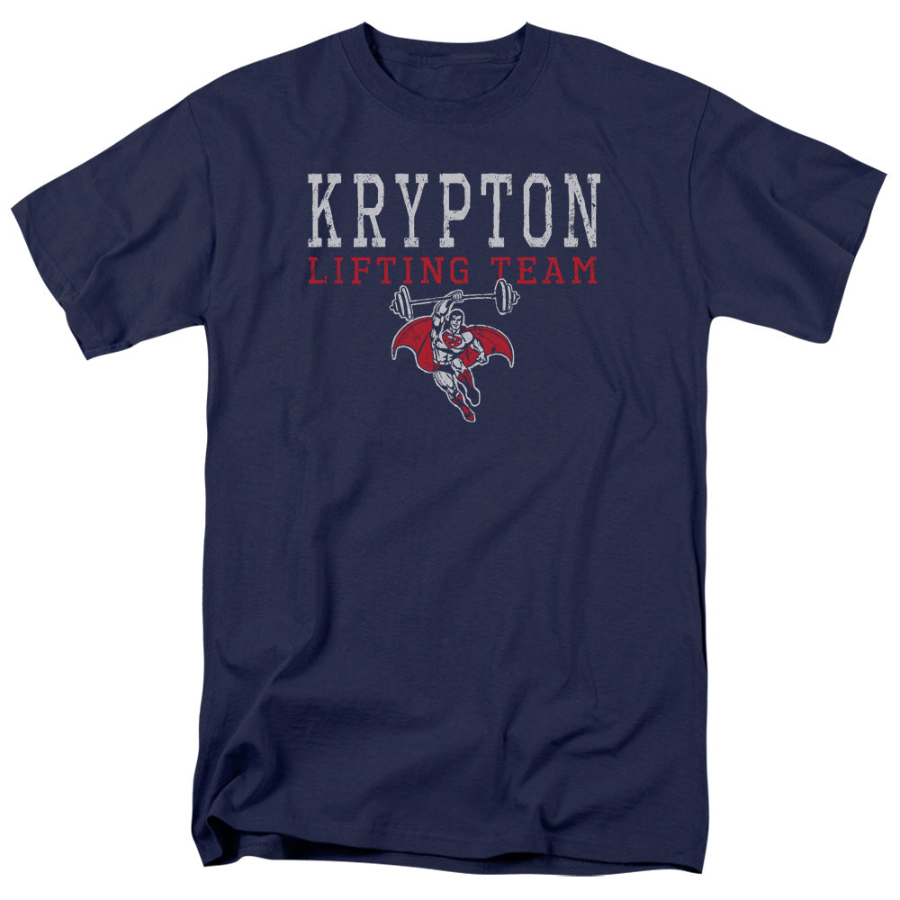 DC Comics Superman Krypton Lifting Team Mens T Shirt Navy Blue Officially Licensed