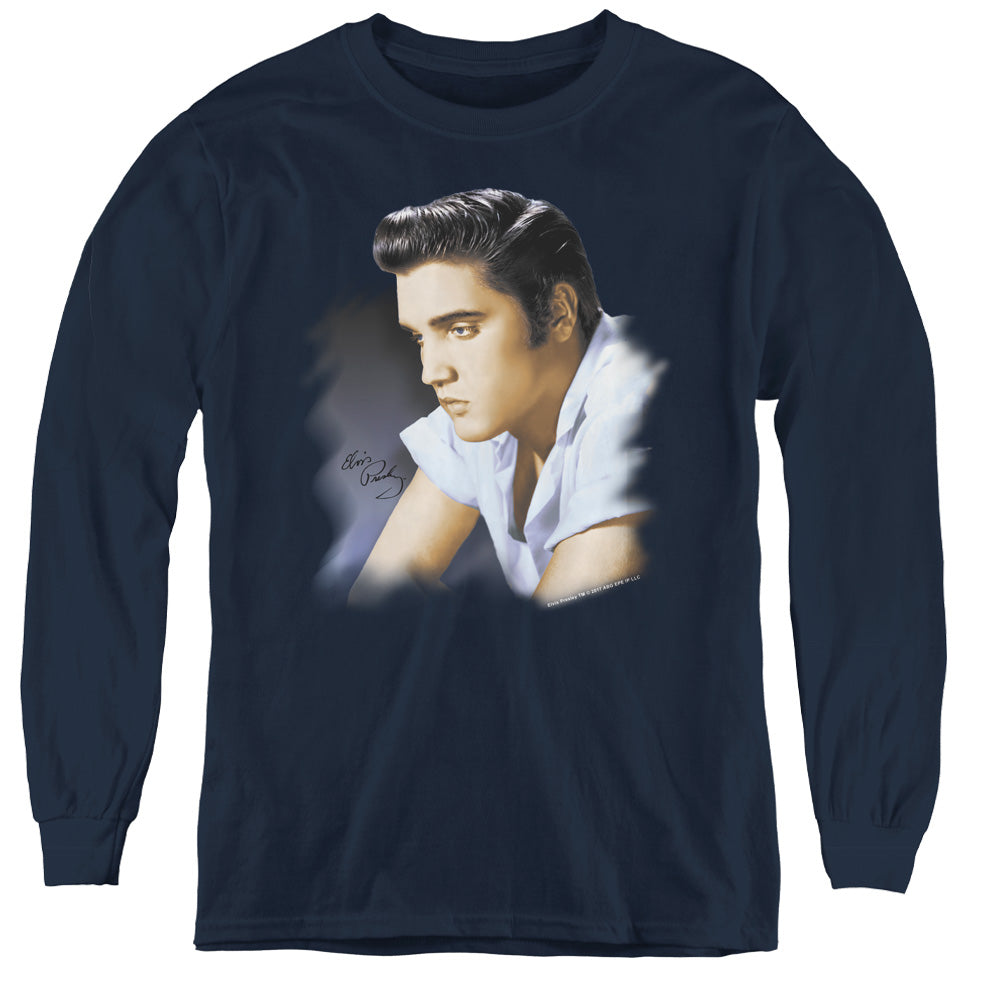Elvis Presley Blue Profile Long Sleeve Kids Youth T Shirt Navy Blue Officially Licensed