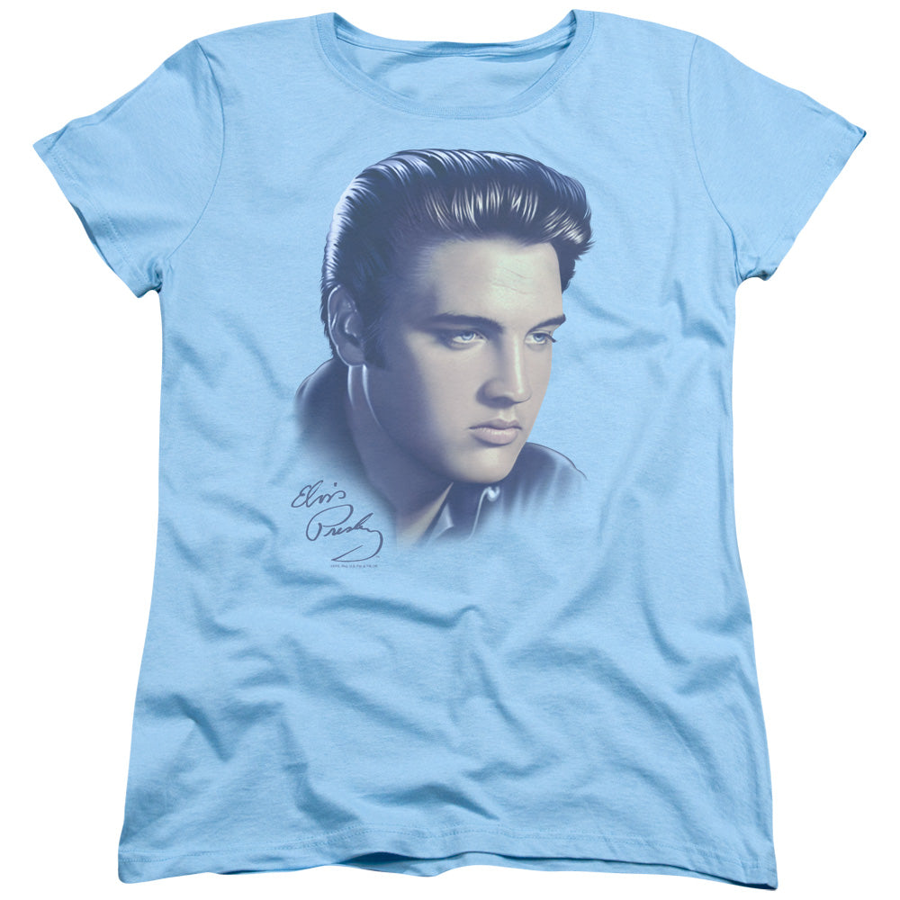 Elvis Presley Big Portrait Womens T Shirt Light Blue Officially Licensed