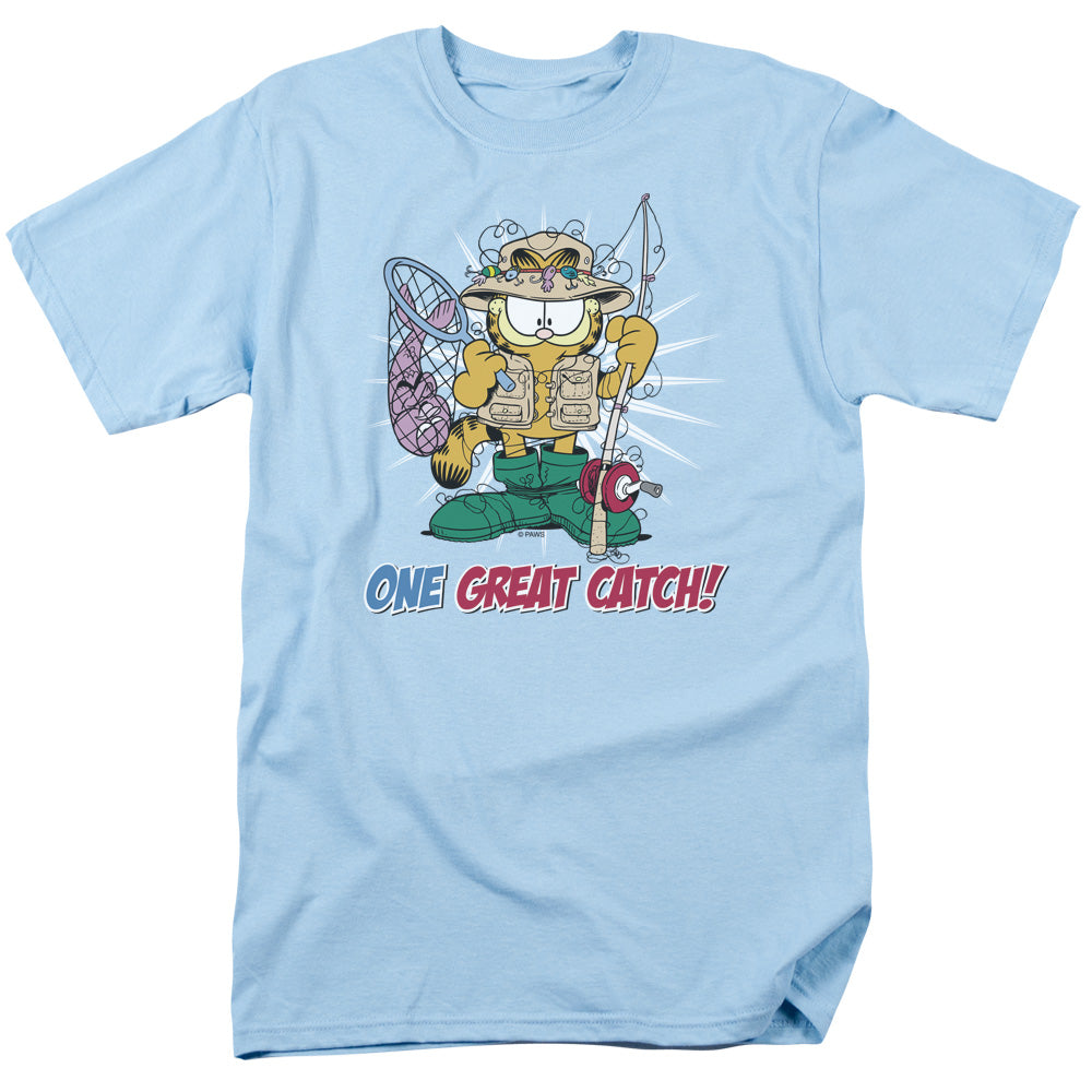 Garfield One Great Catch Mens T Shirt Light Blue Officially Licensed
