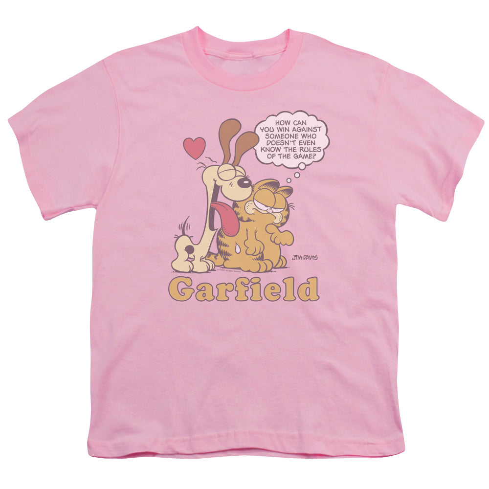 Garfield Cant Win Kids Youth T Shirt Pink