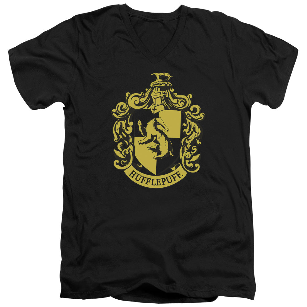 Harry Potter Hufflepuff Crest Mens Slim Fit V-Neck T Shirt Black Officially Licensed