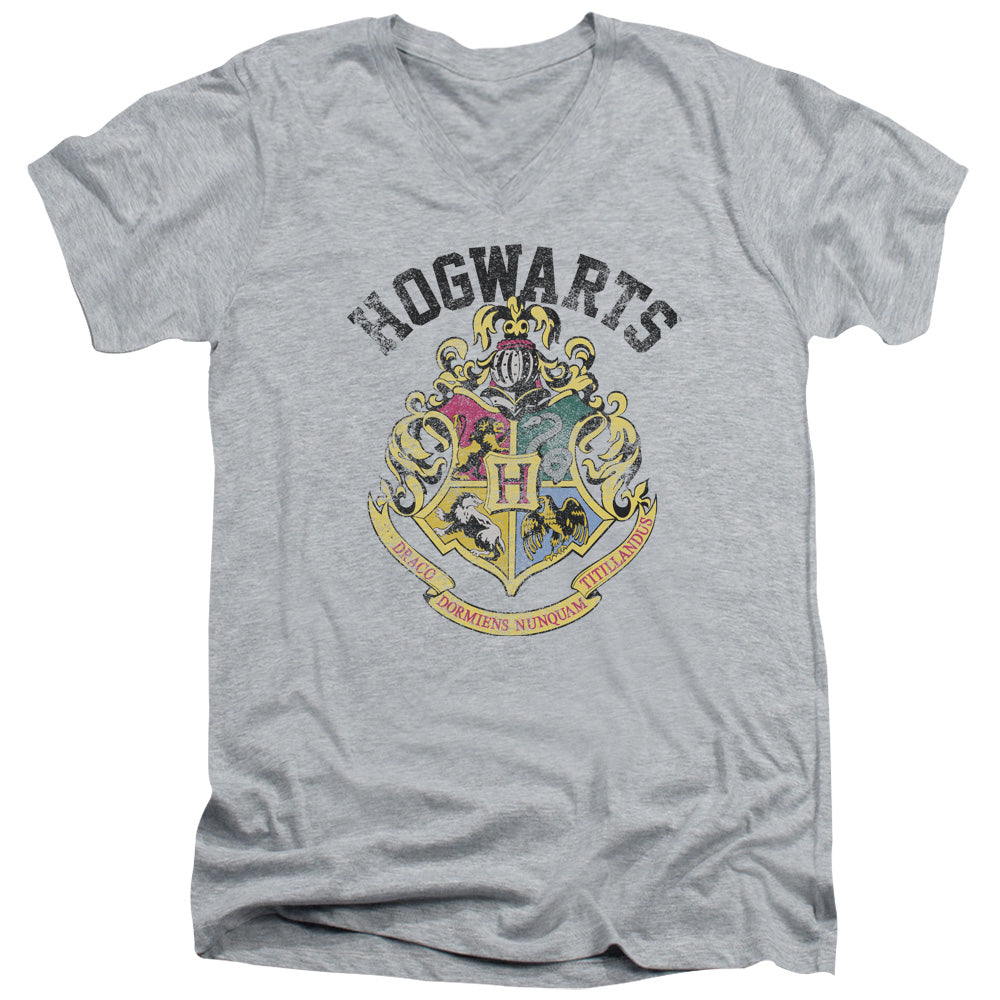 Harry Potter Hogwarts Crest Mens Slim Fit V-Neck T Shirt Athletic Heather Officially Licensed