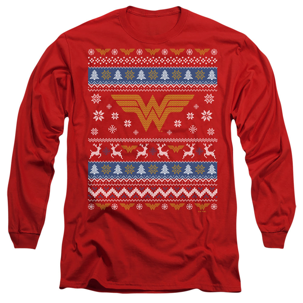 Wonder Woman Ugly Christmas Logo Mens Long Sleeve Shirt Red Officially Licensed