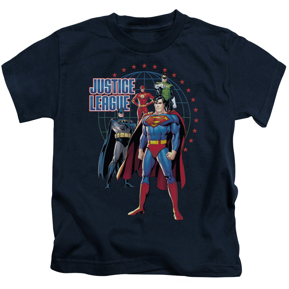 Justice League Protectors Juvenile Kids Youth T Shirt Navy Blue Blue Officially Licensed