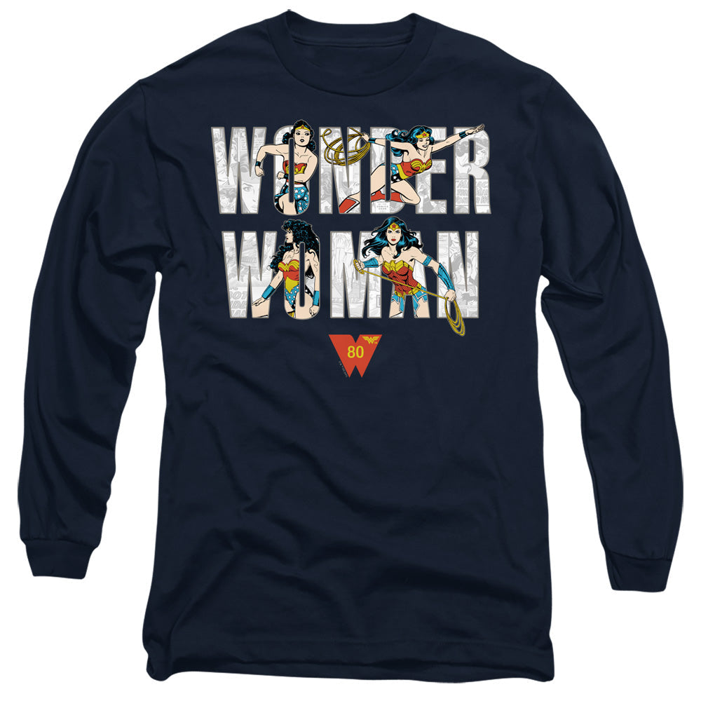 Wonder Woman Ww 80Th Illustrated Type Mens Long Sleeve Shirt Navy Officially Licensed