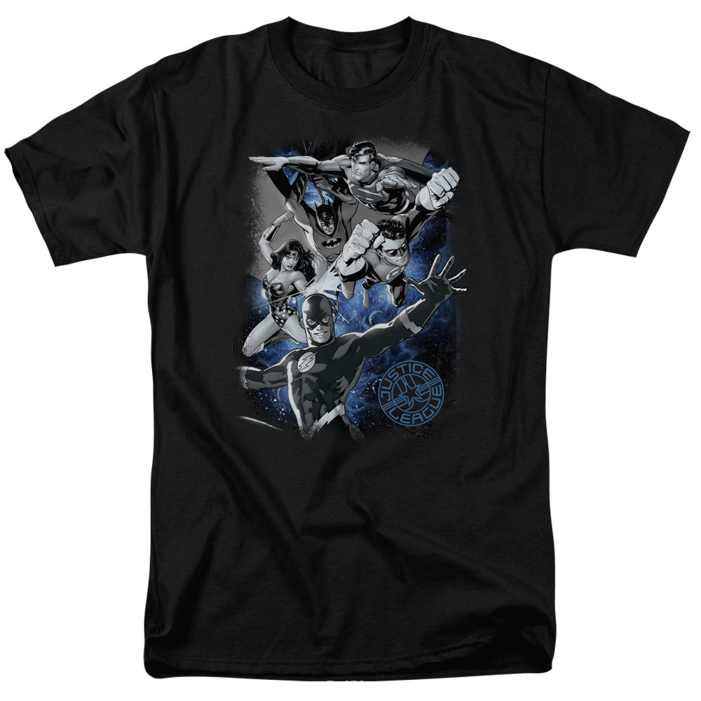 Justice League Of America Galactic Attack Nebula Mens T Shirt Black Officially Licensed