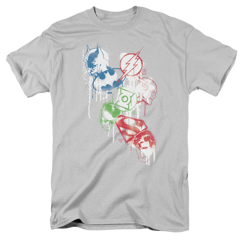 Justice League Of America Splatter Icons Mens T Shirt Silver Officially Licensed