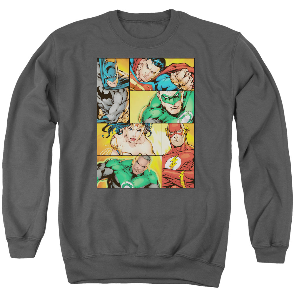Justice League Hero Boxes Mens Crewneck Sweatshirt Charcoal Officially Licensed