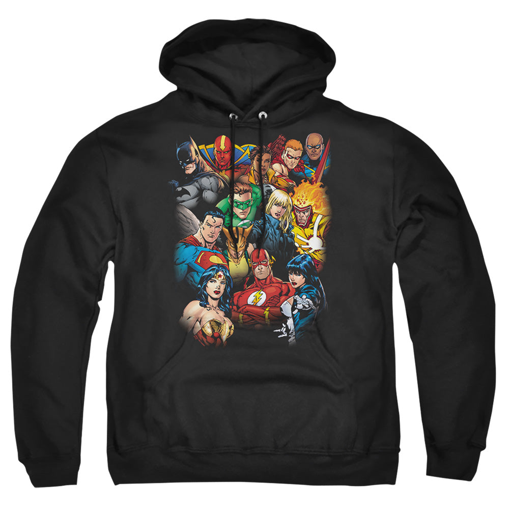 Justice League Of America The League'S All Here Mens Hoodie Black Officially Licensed