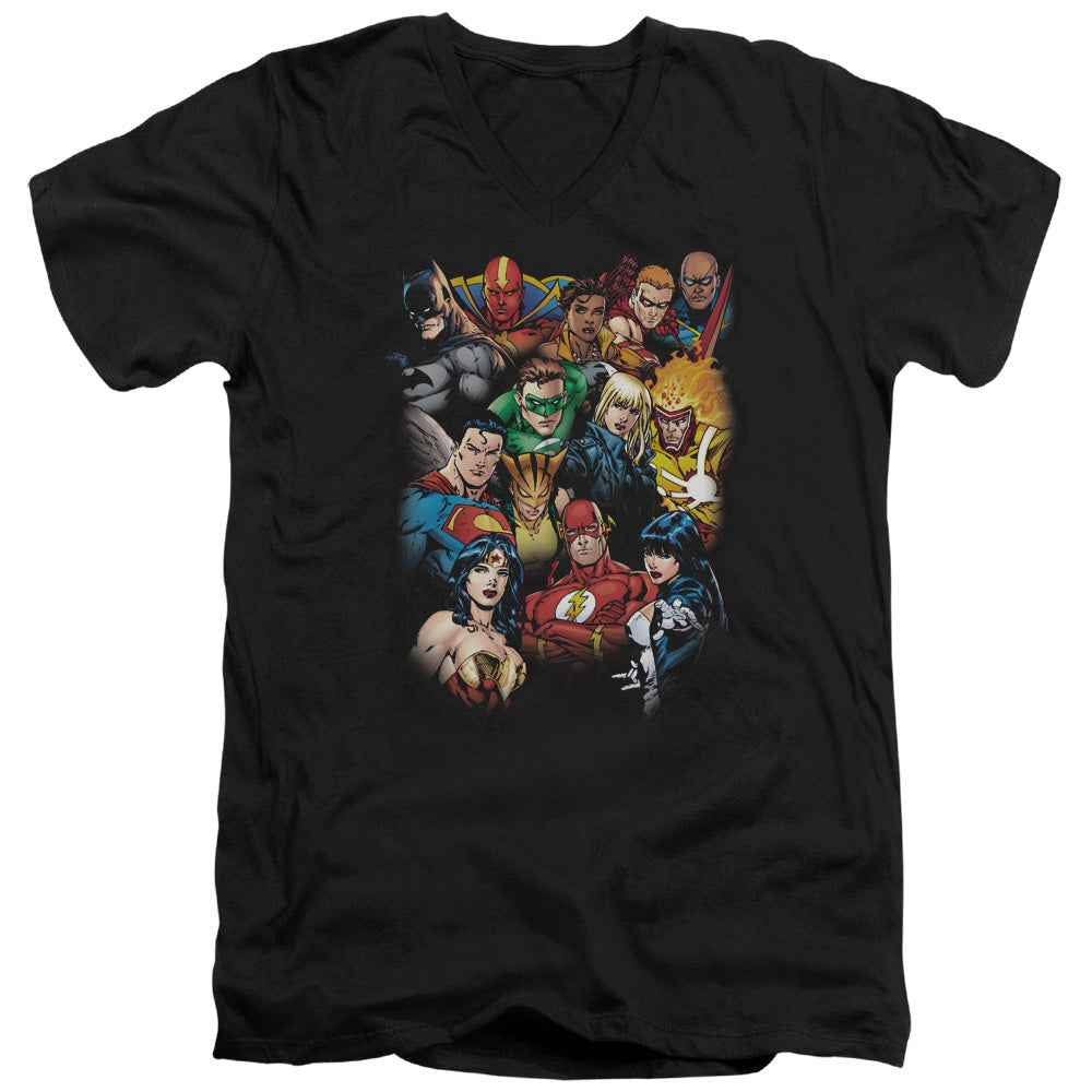 Justice League the Leagues All Here Mens Slim Fit V-Neck T Shirt Black Officially Licensed