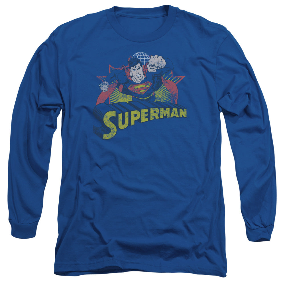 Jla Superman Rough Distress Mens Long Sleeve Shirt Royal Officially Licensed