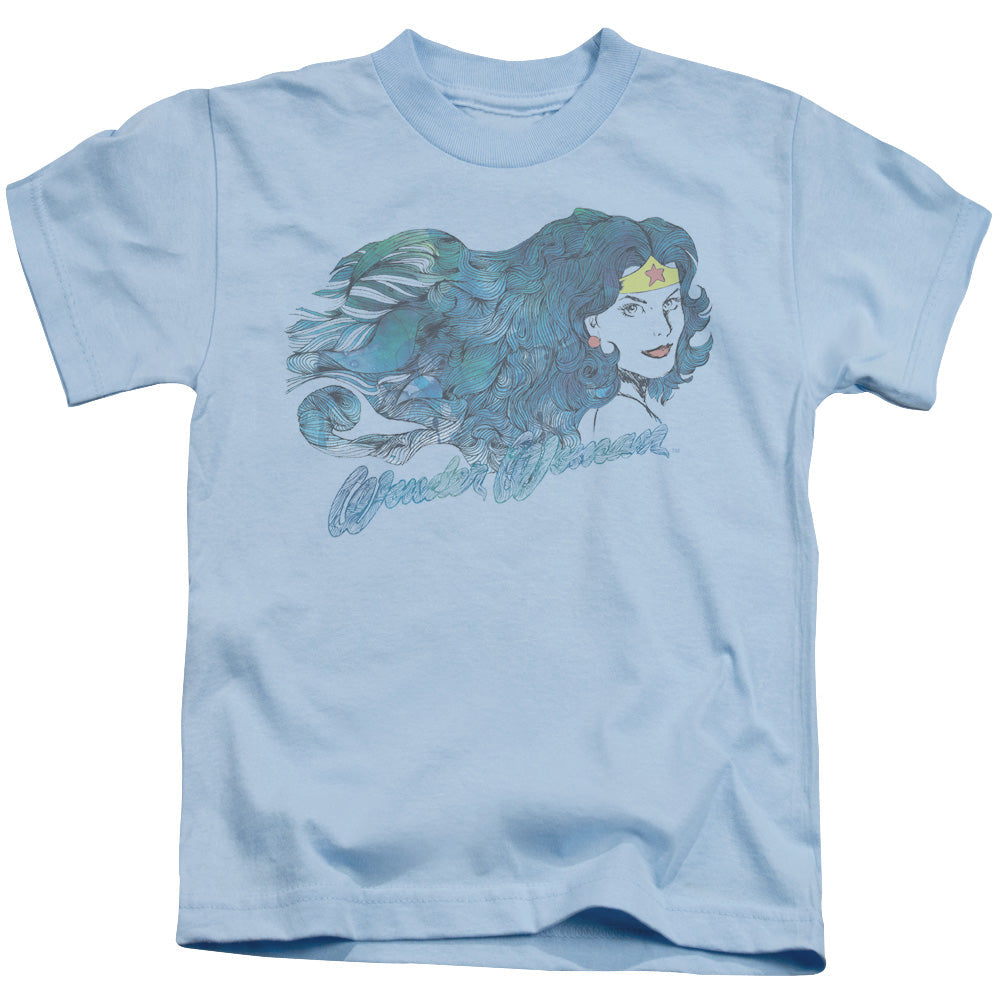 Justice League Watercolor Hair Juvenile Kids Youth T Shirt Light Blue Officially Licensed