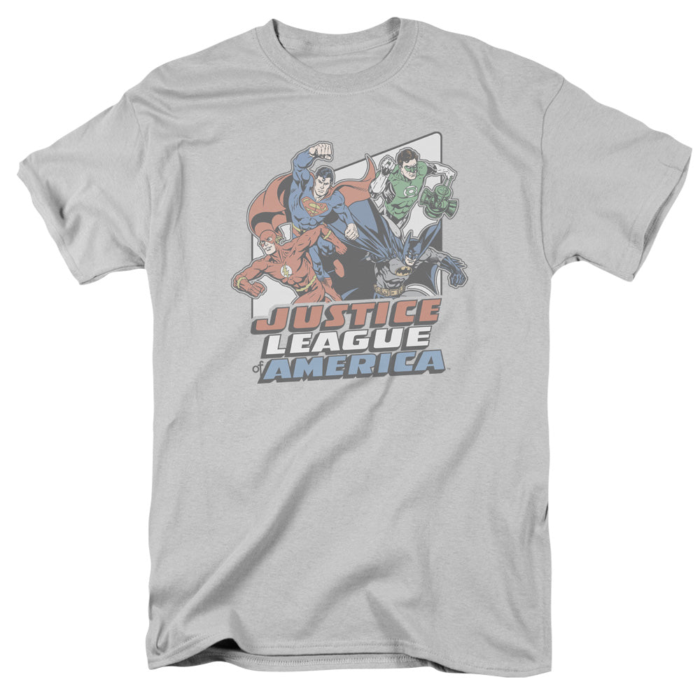 Justice League Of America Four Against Crime Mens T Shirt Silver Officially Licensed