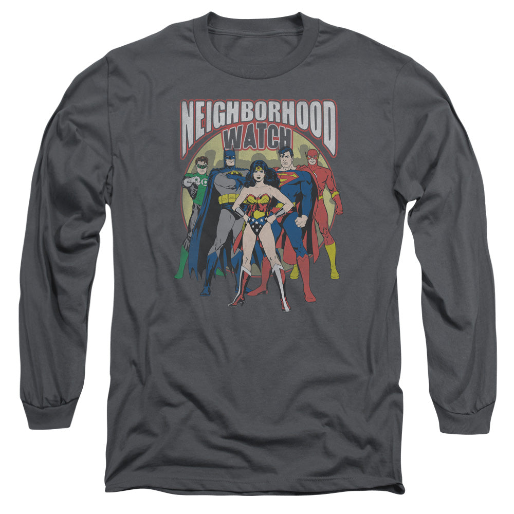 Justice League Neighborhood Watch Mens Long Sleeve Shirt Charcoal Officially Licensed