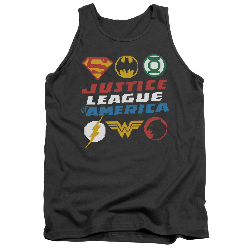 Justice League Pixel Logos Mens Tank Top Shirt Charcoal Officially Licensed