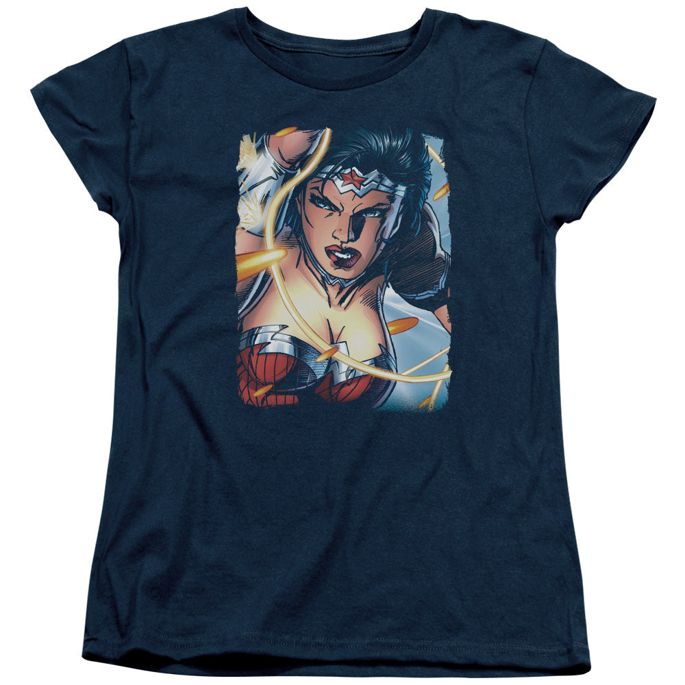 Justice League Scowl Womens T Shirt Navy Blue Blue Officially Licensed