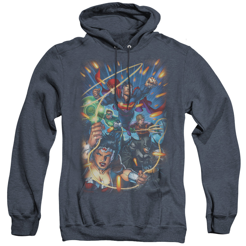 Justice League Of America Under Attack Heather Mens Hoodie Navy Officially Licensed