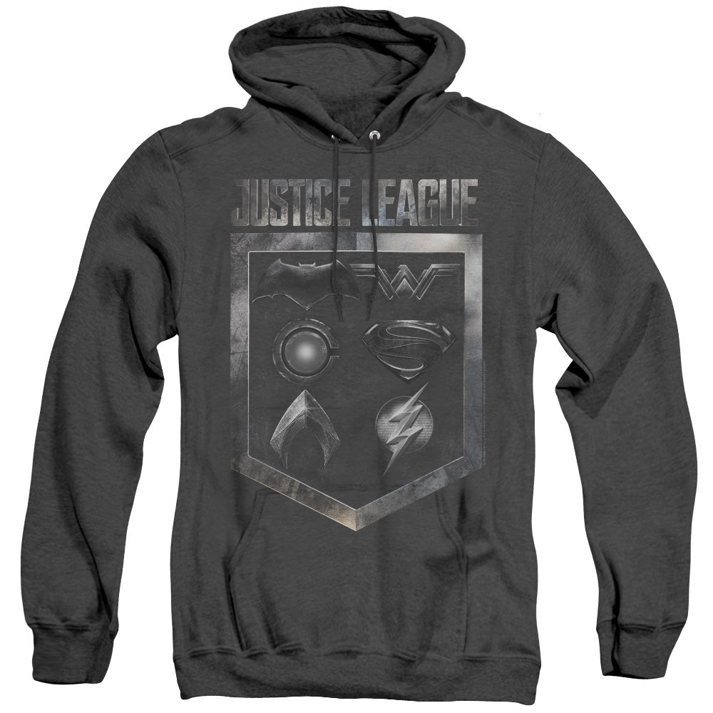 Justice League Movie Shield Of Emblems Mens Heather Hoodie Black Officially Licensed