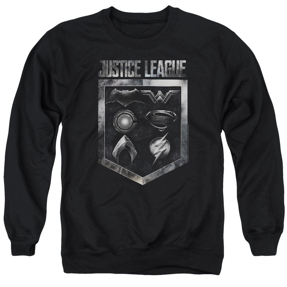 Justice League Movie Shield Of Emblems Mens Crewneck Sweatshirt Black Officially Licensed
