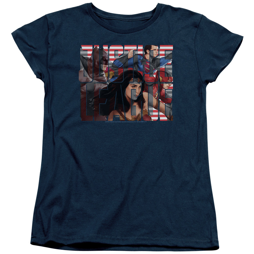 Justice League Movie Rally Womens T Shirt Navy Blue Officially Licensed