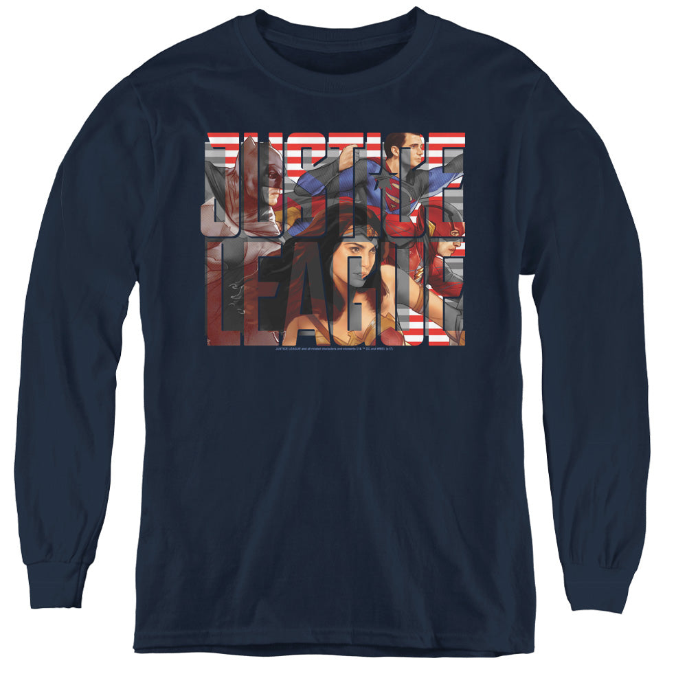 Justice League Movie Rally Long Sleeve Kids Youth T Shirt Navy Blue Officially Licensed