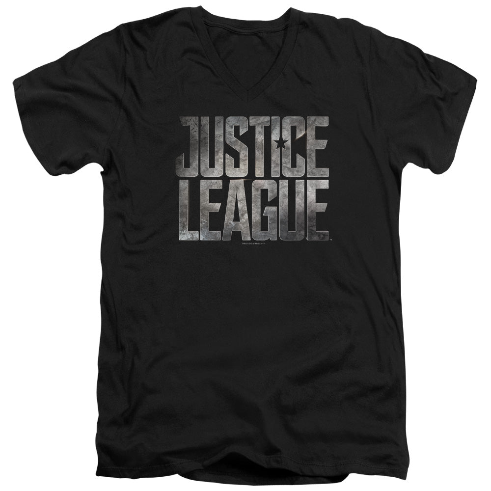 Justice League Movie Metal Logo Mens Slim Fit V-Neck T Shirt Black Officially Licensed