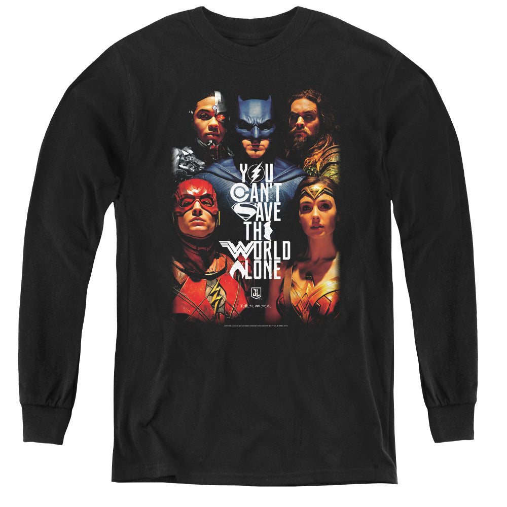 Justice League Movie Save the World Poster Long Sleeve Kids Youth T Shirt Black Officially Licensed