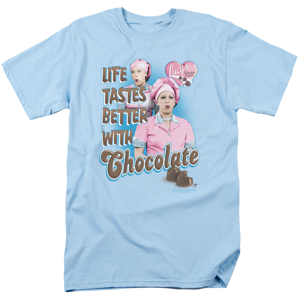 I Love Lucy Better With Chocolate Mens T Shirt Light Blue Officially Licensed
